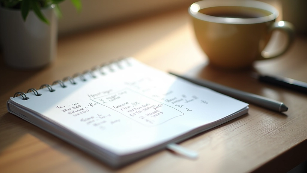 Notizbuch mit handschriftlichen Gewohnheitsnotizen neben Kaffeetasse auf Holztisch