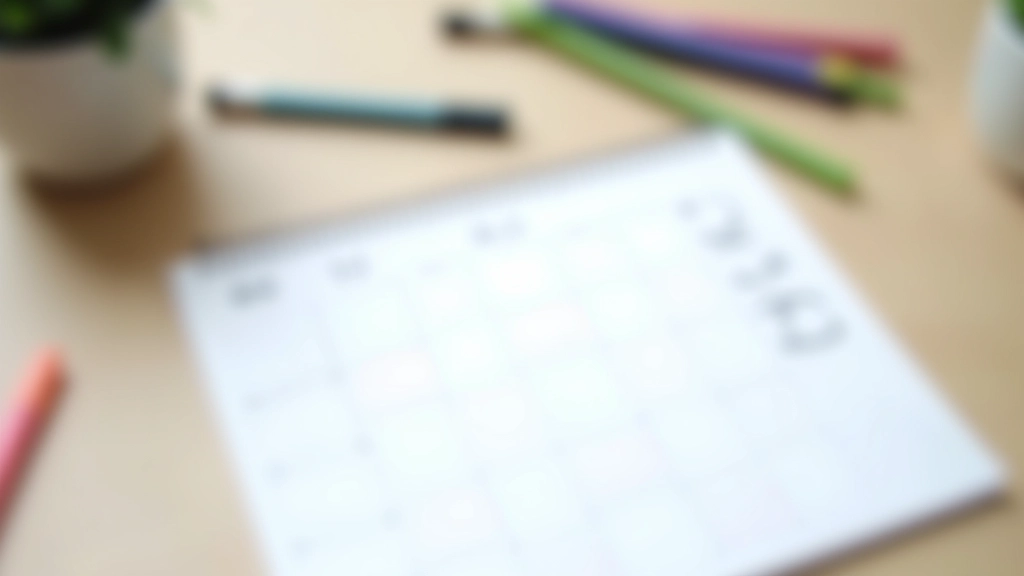 Schreibtisch mit Habit-Tracking-Kalender und farbigen Stiften, organisiertes Layout