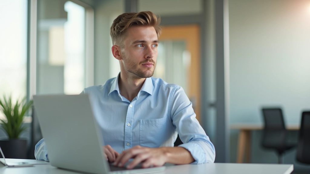 Mensch bei Schreibtisch, konzentriert auf Laptop, modernes Büro-Setup mit Notizbuch